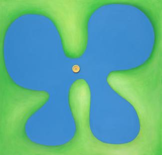 Blå blomma med knapp, 109 x 104 cm, 2008