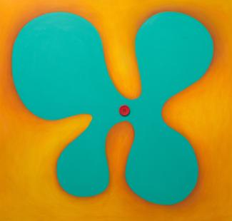 Turkos blomma med knapp, 109 x 104 cm, 2008